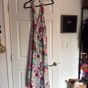 Floral Maxi Dress with Pink and Green Accents - Medium - America & Beyond